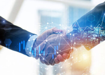business man investor handshake with global network link connection and graph chart stock market diagram and city background, digital technology, internet communication, teamwork, partnership concept
