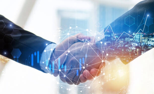 business man investor handshake with global network link connection and graph chart stock market diagram and city background, digital technology, internet communication, teamwork, partnership concept