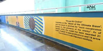 Delhi Metro honours Param Vir Chakra recipients at Sir M Vishweshwaraiah Moti Bagh station with a platform wall featuring portraits and biographies of all 21 heroes.